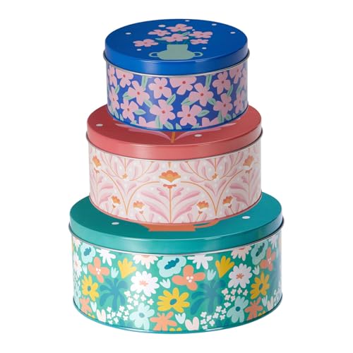 Carousel Home Set of 3 Retro Floral Storage Tins with Lids Nesting Kitchen Tin Canisters for Biscuits Baking and Food Storage