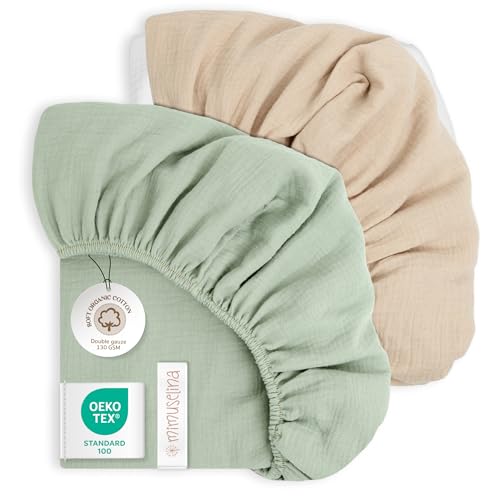 Mimuselina Sabanas Capazo Bebe 35x75 | Pack de 2 Sabanas Moises 100% Algodón Muselina Suave y Transpirable | Hechas en España | Menta-Arena