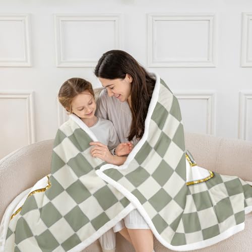 Image of Erosebridal Sage Green Checkered Fuzzy Plush Throw Plaid Initial T Fleece Blanket Personalized Monogram Sherpa Blanket for Kids Boys Girls,Fashion Grids Gingham Decor for Bed Couch Baby 30 inchx40 inch