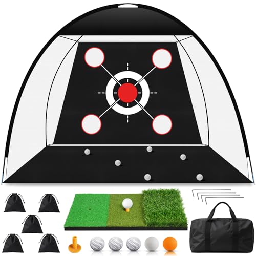 EXOEMTS Golf Net 10x7FT with Tri-Turf Mat, Ball, Target & Bag, All-in-One Golf Practice Hitting Net for Backyard Driving, Chipping & Swing, Indoor Outdoor Training Aid, Gift for Men Dad Him Golfer