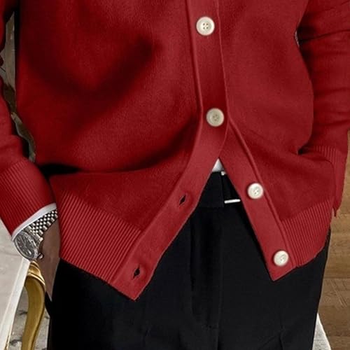 Cable Knitted Cardigan Sweater for Men Lightweight Open Front V Neck Sweaters Button Long Sleeve Solid Knitwear (Large,Red)4
