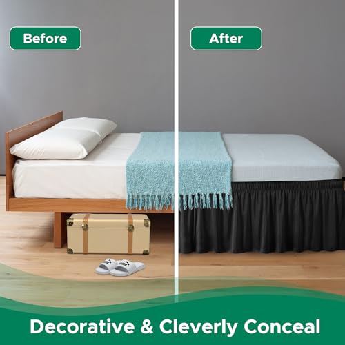 Biscaynebay Wrap Around Bed Skirts for Queen Beds 22" Long Drop, Black Adjustable Elastic Dust Ruffles Easy Fit Wrinkle Resistant Silky Luxurious Fabric Machine Washable