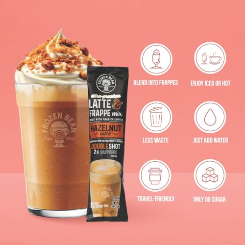 The Frozen Bean Hazelnut Frappe & Latte Instant Mix (20 Sticks), Made with Arabica Coffee, Double Shot Caffeine, Low Sugar & Premium Ingredients, Hot, Iced, or Blended Drinks