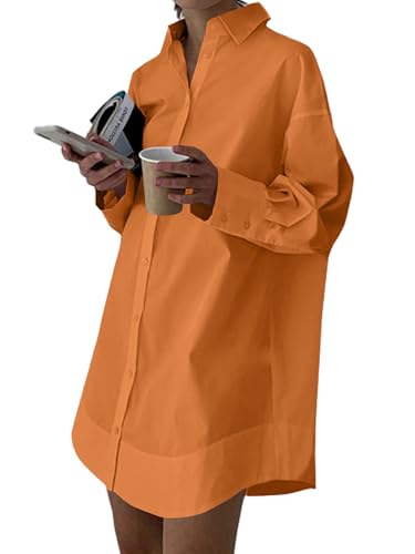 Image of LYANER Women's Casual Shirt Dress Collar V Neck Button Down Loose Long Sleeve Mini Dresses