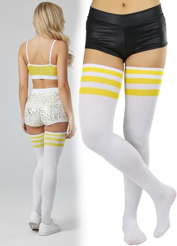 Image of ToBeInStyle Women's Heavyweight Knit Thigh High Long Socks w /Contrast 3 Stripe Top Band