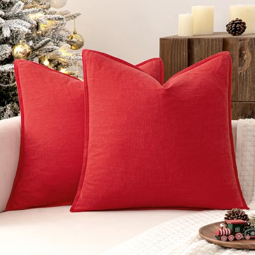 Image of MIULEE Decorative Linen Pillow Covers 18x18 Inch Red ​Boho Farmhouse​ ​Neutral Couch Throw Pillows for Bed Pack of 2 Accent Modern Pillowcase Sofa Livingroom Home Decor