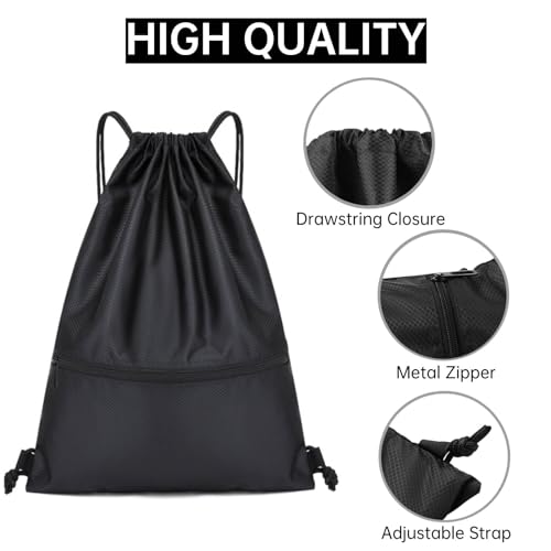 JALEVID Turnbeutel mit Reißverschluß Kordelzug, Drawstring Rucksack Sporttaschen Schwarz Sportbeutel für Herren Damen für Sport Reisen Schule Urlaub Reisen Wandern