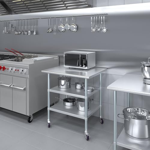 Image of AmGood Stainless Steel Work Table with 2 Shelves and Casters | Metal Utility Table On Wheels (Stainless Steel Work Table with 2 Shelves + Casters, 36 inch Long x 30 inch Deep)
