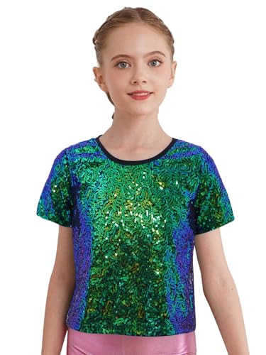 FEESHOW Kids Girls Boys Shiny Metallic Tee Shirt Jazz Hip Hop Dance Tops Short Sleeve Performance T-Shirt Party Blouses