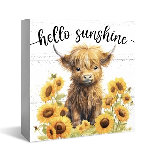 Image of XDFVL Highland Cow Decor - Sunflower Nursery Decor, Wooden Sign for Desk - 5 x 5 Inch