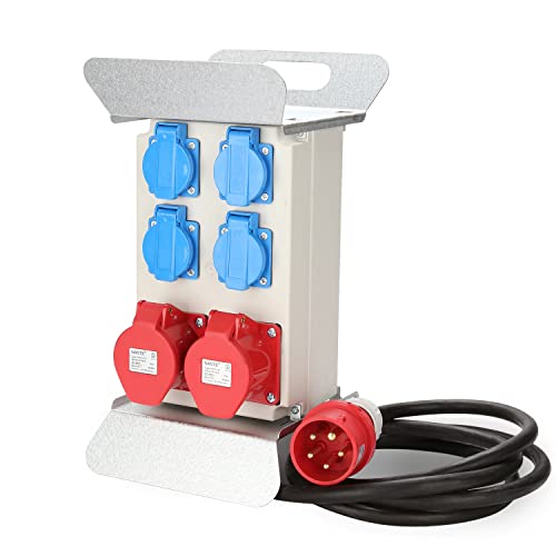 Gimisgu Verteiler Baustromverteiler Stromverteilung CEE 2 x 16A 400V+4x 230V 5 Polig IP44 Schuko Stromverteiler Wandverteiler Mit Sicherheitsklappdeckeln Leitung Für Baustelle Cover