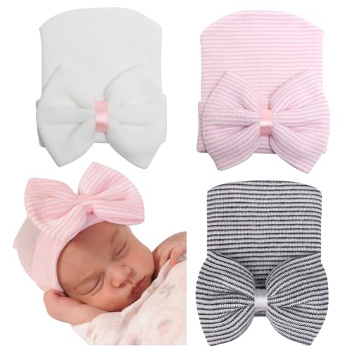 Image of AQOKKA Newborn Baby Girl Hats with Bow No Scratch Cotton Toddler Infant Beanie Caps Soft Newborn Hospital Hat 0-3 Months