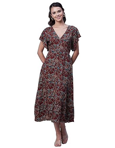 Image of Moomaya Women's Printed Dress, V-Neck, Short Sleeves, Ruffled Midi Summer Dress