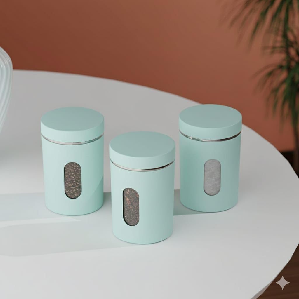 Kitchen Storage Canisters with Window, Mint Green, Set of 3, Tea Sugar Container (700 ML)