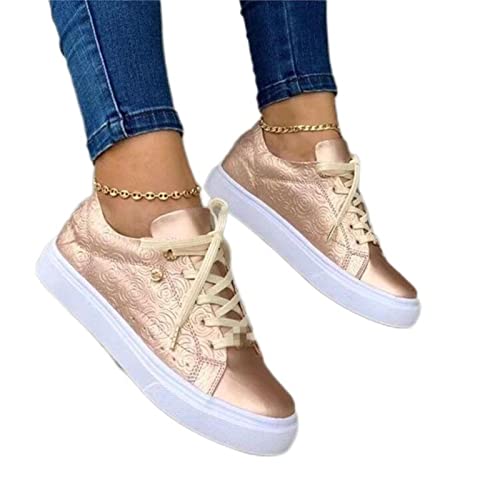 Herbst Damen flache einfarbige Sneaker Schnürung Skateboardschuhe Freizeit Damen PU vulkanisierte Schuhe Loafer - Roségold 1,38
