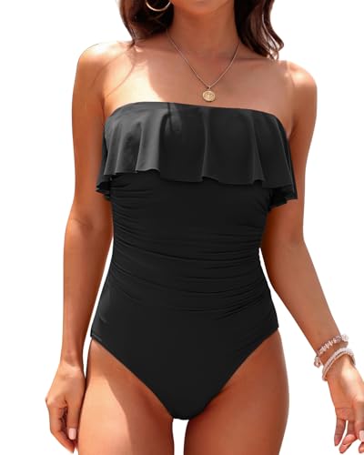 Holipick Strapless One Piece Swimsuits for Women Tummy Control Bandeau Bathing Suits Ruffle Slimming Swimwear3