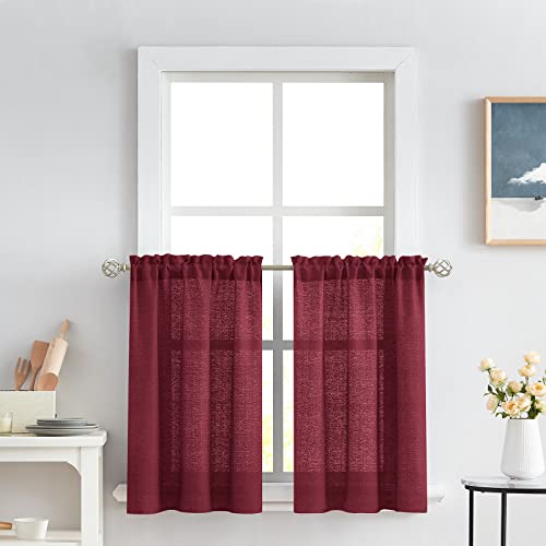 Melodieux - 2 cortinas semitransparentes burdeos de 91 cm para cocina, cafetería, dormitorio y ventanas pequeñas, textura de lino, cortas, con dobladillo para barra.