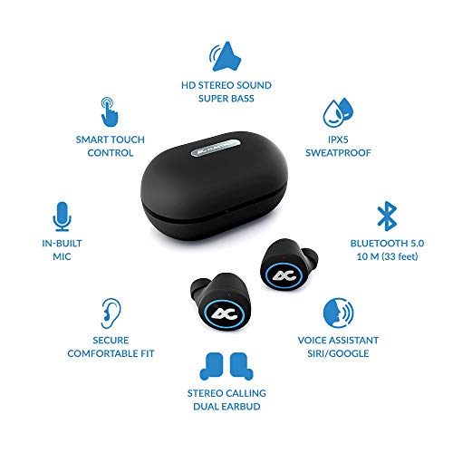 Image of AirBolt 505 True Wireless (TWS) Earbuds - Bluetooth 5.0, Full Touch Earphones, IPX5 Water Resistant, HD Stereo Sound, High Bass, InBuilt MIC, Upto 36 Hours Playtime with Charging Case (Blue + Black)
