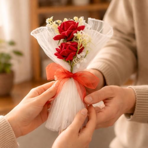 Image of SATYAM KRAFT 1 Pcs Artificial Flower Mesh Rose Bouquet for Him Her Girlfriend Boyfriend Wife Husband | Romantic Decor for Anniversary, Wedding, Birthday, Home Decor (White)