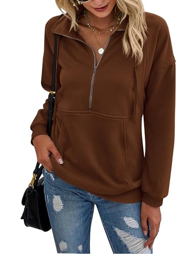Image of PRETTYGARDEN Women's Casual Long Sleeve Zipper Sweatshirt Drawstring Loose Quarter Zip Pullover Tops with Pockets