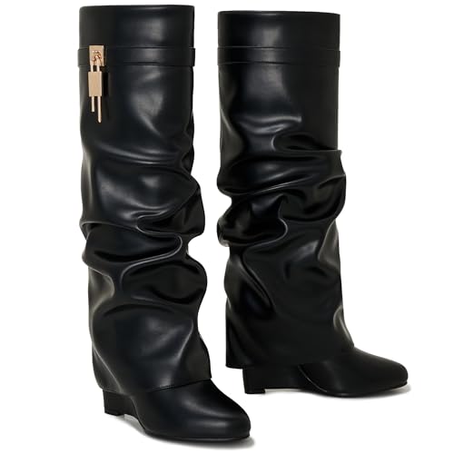 Image of Fold Over Knee High Boots for Women Pointy Pull-on Wedge Heel Knee Shark Boot With Side Zipper Covered Wedge Heel Padlock Boot