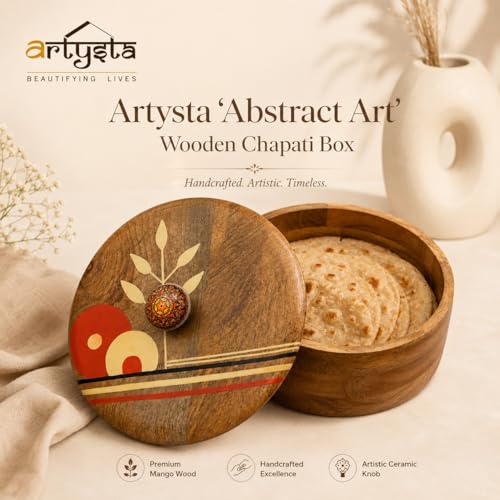 Image of Artysta 'Abstract Art' Wooden Chapati Box | Wooden Casserole For Roti | Chapati Box For Kitchen | Roti Box with Lid | Housewarming Gifts | Handpainted Roti Box | Mango Wood 8inch, 1080ml