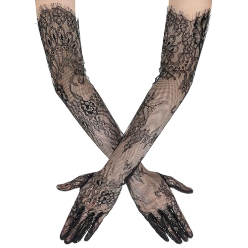 Nogeqi Lang Spitzenhandschuhe Schwarz Spitze Handschuhe Lang Schwarze Blumen Spitzen Vintage Abendhandschuhe Damen 1920er Long Lace Gloves für Braut Hochzeit Oper Halloween...