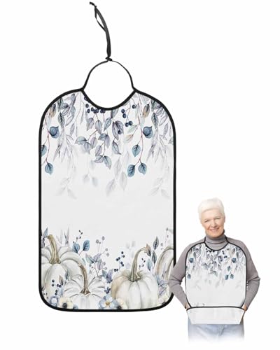 LEOKOTI Blue Botanical Fall Adult Bibs for Eating, Waterproof Bibs with Food Catcher & Adjustable Snap Closure, White Pumpkins Thanksgiving Washable Clothing Protectors Adult Bibs for Elderly