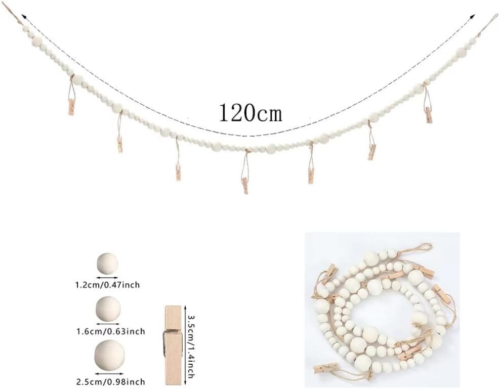 2PCS Hanging Photo Display Wall Decor,Boho Wooden Bead Garland Picture Hanging String with Clips for Dorm, Bedroom, Living Room, Office Cubicle Decor, Art Display Hangers for Artwork