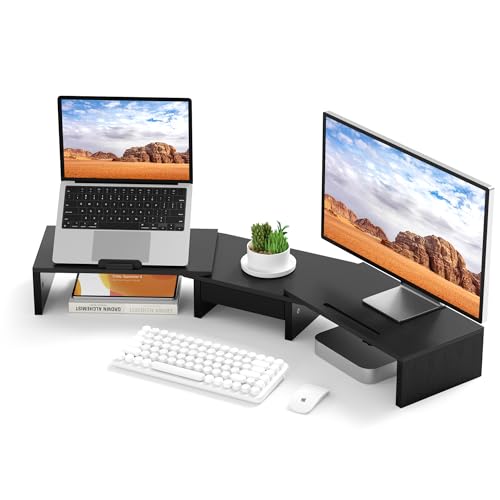 AFOOYO 43.3 Inch Dual Monitor Stand with Laptop Tray & Drawer, Ergonomic Height Angles Laptop Stand, MDF Desk Shelf for MacBook Dell HP Lenovo 10-17.3" Laptops, Black - image 1