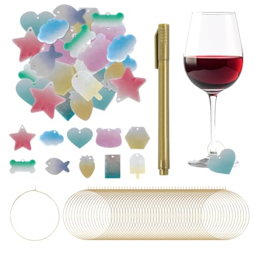 THXFUNAREA 50 etiquetas de abalorios para copas de vino con 1 rotulador,marcadores acrílicos de bebidas para copas de vino,etiquetas de nombre en forma de corazón para copas de champán, cócteles