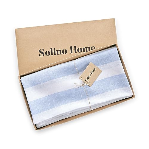 Solino Home Linen 60 Inch Round Tablecloth - Cabana Stripe, 100% Pure Linen Sky Blue and White Round Tablecloth - Machine Washable Table Cloth for Spring, Summer by Solino Home - Image 4