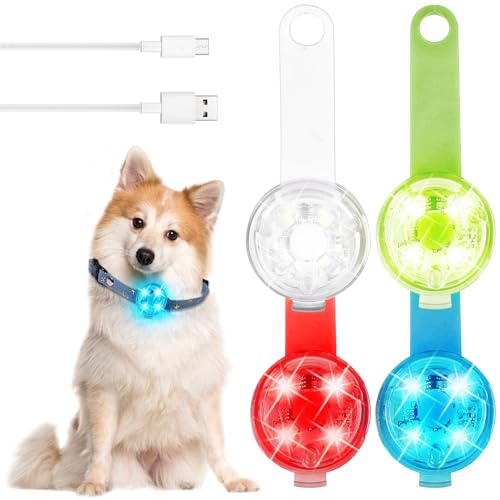 4 Stück Sicherheit Haustier Lichter: Sicherheits LED Blinklicht USB Wiederaufladbar mit 3 Blinkmodis, Wasserdichte LED Licht Leuchtanhänger für Hunde Katzen nächtliche Nachtspaziergänge Camping