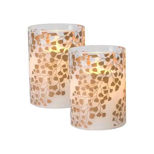 Image of LumaBase Battery Operated LED Glass Candles with Flickering Flame, Gold Fern - Set of 2