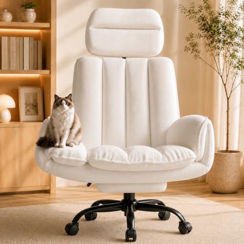 HOMiGroPa Big and Tall Office Chair with Footrest, Teddy Fabric Ergonomic Desk Chair with Adjustable Armrests, 135° Reclining High Back Computer Chair for Home Office, Cross-Legged Sitting, White