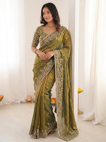 Image of ORHANS Women's Tissue Silk Ethnic Motifs Embroidered Tissue Heavy Work Saree with Embroidered With Unstitched Blouse Piece Blouse Piece | Beautiful Saree for Women | Traditional Indian Sari