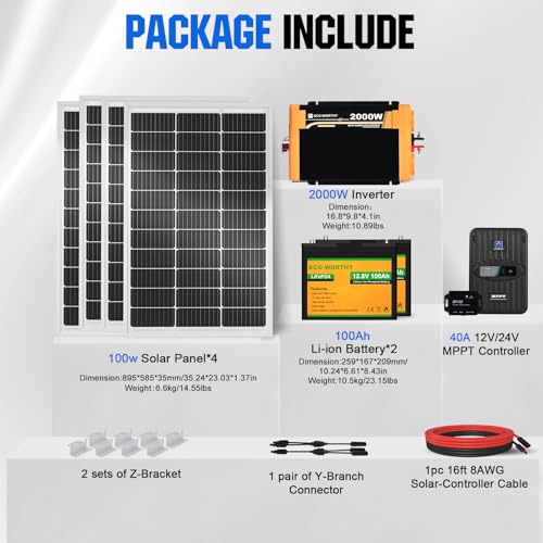 ECO-Worthy 1.6KWH Complete Solar Panel Kit 400W 12V for RV Off Grid: 4 * 100W Solar Panel + 40A MPPT Controller + 2 * 12V 100Ah Lithium Battery + Upgraded 2000W Power Inverter + Bluetooth Module