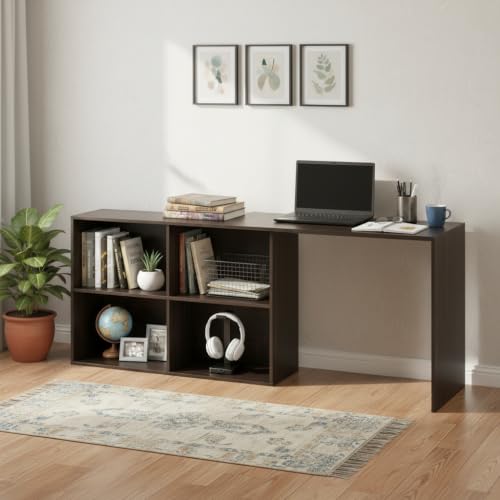 Image of FURNEASER Maggen Engineered Wood Rotatable Study Table, L-Shaped Corner Computer Desk, Laptop Workstation for Home Office, WFH Desk, Gaming Space Saving Rotating Table with Bookcase (Wenge)