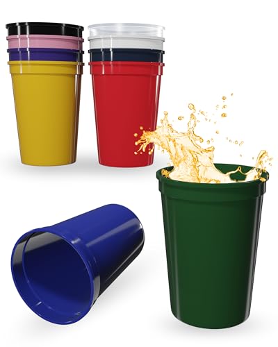 PartyPrints 10 Pack 16 oz Assorted Reusable Blank Plastic Cups, Stadium Cups Bulk – BPA Free Dishwasher Safe, Party Colored Cups Perfect for Weddng, Birthday Graduation, Clubs