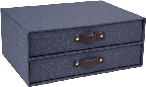 Bigso Birger 2-Drawer Canvas Fiberboard Easy Pull Handle Document Letter Box, 5.7 x 13 x 9.8 in, Blue