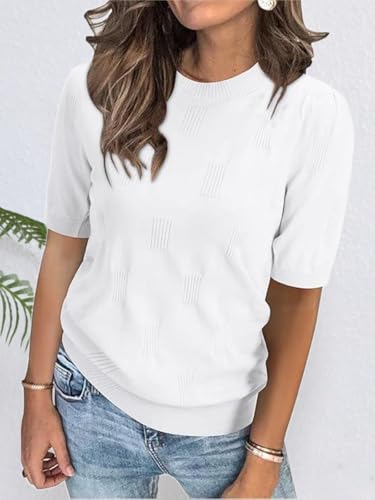 Image of jonivey Women's 2025 Soft Crew Neck Summer Short Sleeve Pullover Sweater Fashion Trendy Dressy Casual Outfit Knit Blouse