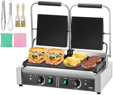 VEVOR Commercial Panini Grill, 3600W Electric Sandwich Panini Maker, Stainless Steel Double Sandwich Press, Panini Grill with Temp Control & 19"x9" Full Flat Enamel Plate, for Hamburger Steak Bacon