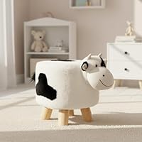 Wooden Animal Stool - 30cm Cow Design, Plush Faux Fur Seat with Removable Washable Cover, Child-Safe Durable Wooden Frame, Decorative Chair for Kids, Lightweight and Easy to Move