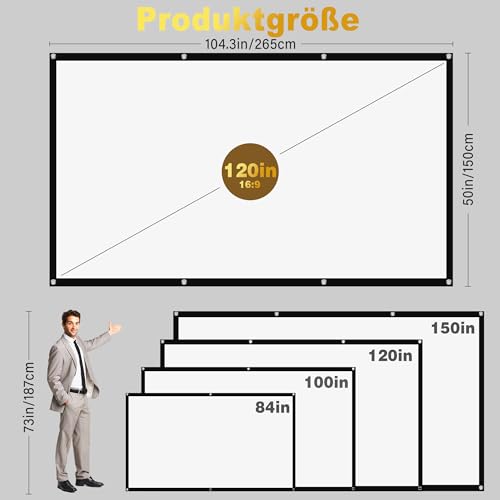 MgFjaka Beamer Leinwand 120 Zoll - 16:9 HD Faltbare Projektionsleinwand, Anti-Falten 4K Projector Screen 265x150 cm, Doppelseitige Projektion Leinwand für Camping und Heimkino, Zuhause Schule Treffen
