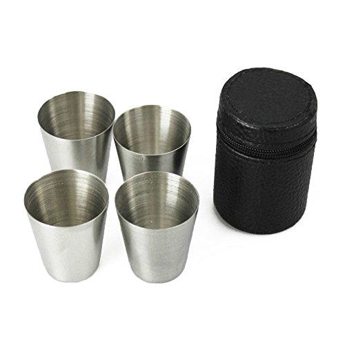 Yueton Set of 4 Stainless Steel Shot Cups Drinking Vessel with Black Leather Carrying Case (30ml)