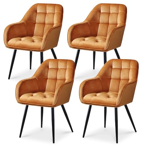 ELUCHANG Esszimmerstühle 4er Set, Samtstoff, Moderne Küchenstuhl Polsterstuhl mit Armlehne, 150 kg belastbar, Sessel Bequem, Wohnzimmerstuhl, Loungesessel für Esszimmer, Wohnzimmer, Orange