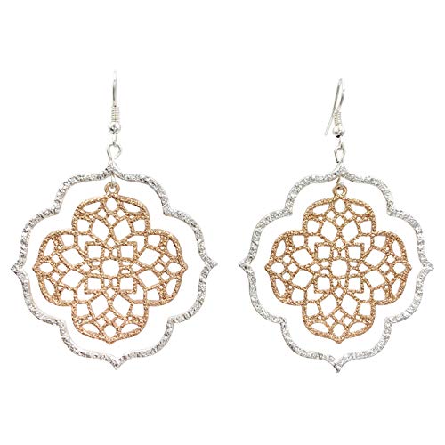 Filigree 2-Tone Mixed Metal Boutique Style Statement Dangle Drop Earrings (Silver Tone & Copper Tone Quatrefoil)