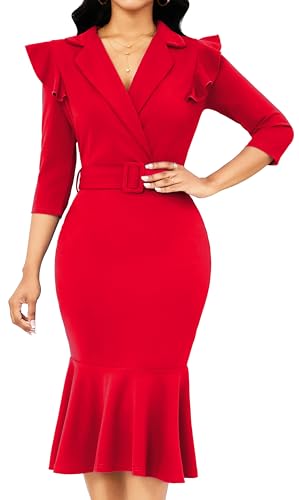 Image of SxClub Elegant Dress for Women Sexy 3 /4 Sleeve Business Knee Length Dresses Fishtail Zipper Belt