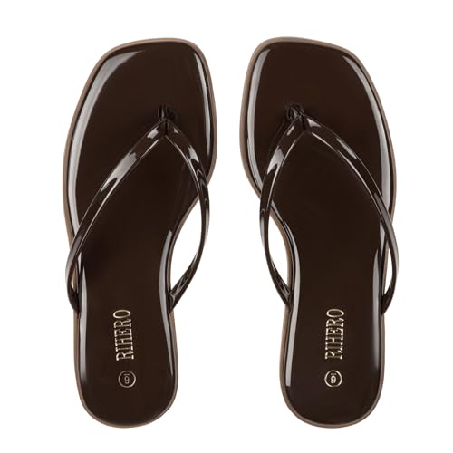 Image of Rihero Flip Flops for Women Comfortable Square Toe Beach Sandals Slip On Leather Thong Flat Sandals Dressy