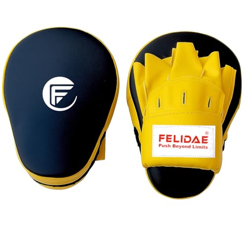 Image of FELIDAE Focus Pads for Boxing & MMA Training | Curved Punch Mitts for Kickboxing, Muay Thai & Martial Arts | Durable PU Leather Hand Target Pads for Punch Accuracy & Speed | Red Black (Yellow /Black)